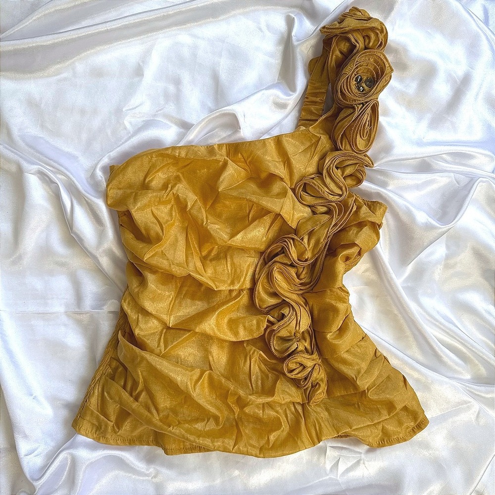 Great Glam Mustard Gold One Shoulder Rosette Ruffle Top Smocked Back Large